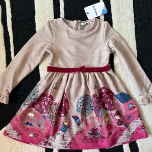 Mayoral Rainy Day Beige Dress with Pink and Blue Accents